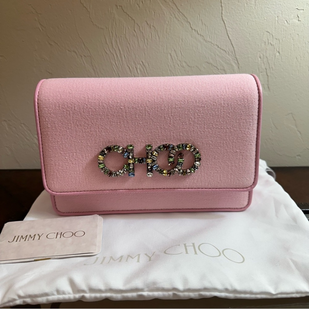 NWT Jimmy Choo | Pink Ecru Canvas Crystal Choo Crossbody Bag $1050 - Picture 1 of 7
